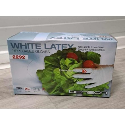 Gumikesztyű latex púderes fehér XL  [ 200 db/cs] [ 10 cs/# ] 
Benson