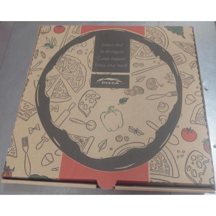 Pizzadoboz "Jó étvágyat " grafikás 
 28 cm [ 100 db/cs ]
  [ 28 x 28 x 3,5 cm]